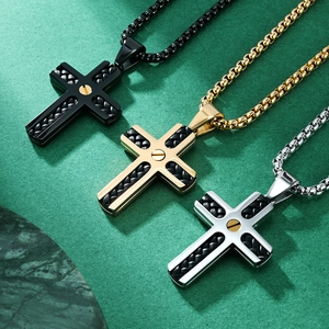 Herren Industrieller Edelstahl Kreuz Anhänger Halskette Echtes Leder Inlay Webstruktur Industrie Religiöser Schmuck Geschenk