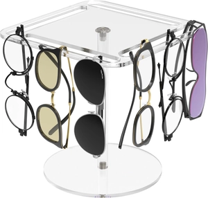 Close-up of rotating acrylic sunglasses display stand showing stable multi-tier structure