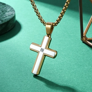 Classic gold cross pendant with center zircon on a box chain for men's fashion jewelry