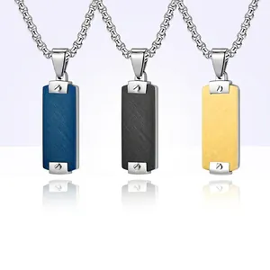 Men Titanium Steel Industrial Rectangular Pendant Necklace With Screw Rivet Brushed Texture Fashion Hip Hop Jewelry Gift