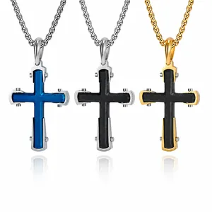 Collier Pendentif Croix en Acier Inoxydable Industriel pour Homme Bicolore Texture de Soie Brossée Design Rivet Bijoux Punk Mode