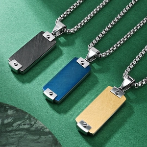 Mens rectangular brushed stainless steel pendant necklaces in black, blue and gold colors