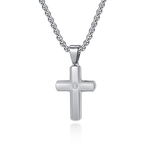 Classic stainless steel cross pendant necklace with zircon stone and textured edges for men