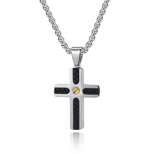 Herren Kreuzkette aus Edelstahl mit schwarzer Lederlage und Box-Kette in Silber