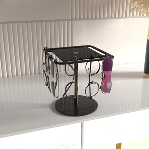 Rotating black acrylic sunglasses display stand with multi-tier hooks for glasses storage