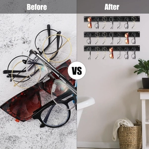 Wall-mounted acrylic glasses organizer set showing before and after storage comparison