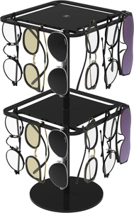 Close-up of dual-layer black rotating acrylic sunglasses display stand on white background