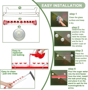 Detailed four-step installation guide for acrylic window hummingbird feeder with suction cups
