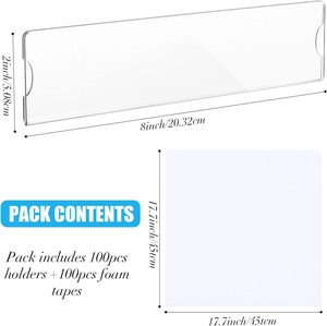 Set of 100 clear acrylic wall sign holders 8x2 inch with adhesive foam mounting tapes