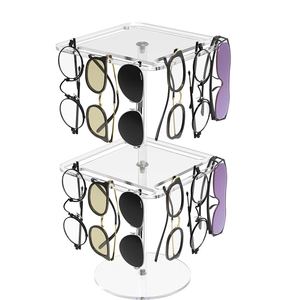 Rotating acrylic double-layer sunglasses display stand with clear tiers and stable base
