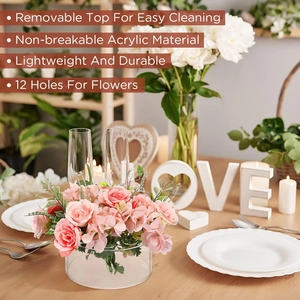 Detail of 12-hole clear acrylic round flower vase with removable lid on dining table