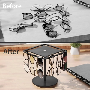 Rotating black acrylic sunglasses organizer showing before and after desk storage results