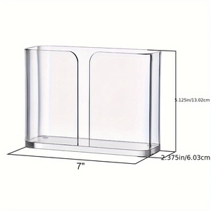 Macro view of clear acrylic napkin holder with precise dimensions in inches and centimeters