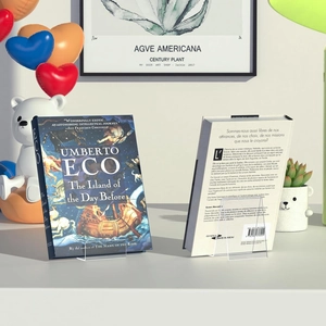 Close-up of clear acrylic book display stand with minimalist L-shaped support design