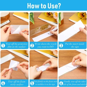 Clear acrylic nameplate holder installation guide with double-sided adhesive strips