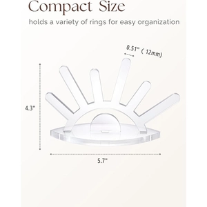 Acrylic evil eye ring display stand with dimensions and five vertical ring holders