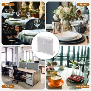 U-shaped clear acrylic napkin holder shown in party, hotel, office, and home dining scenes