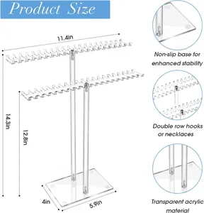 Detailed size chart of acrylic necklace organizer with height 14.3in and non-slip base