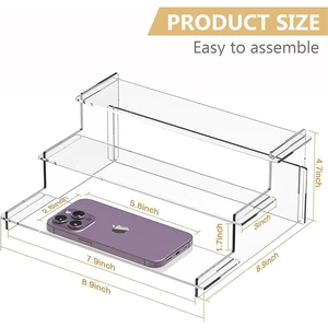 3-tier clear acrylic display stand with detailed dimensions for cupcakes and perfume