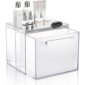 Clear acrylic face towel organizer box with drawer and top tray for skincare storage
