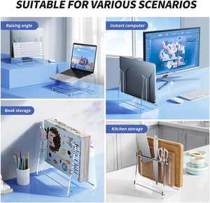Detailed views of multi-use clear acrylic stand for laptop storage and book organizer