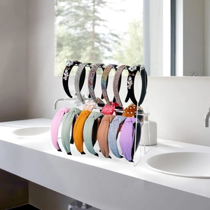 Double layer clear acrylic headband holder stand with assorted jeweled and knotted hairbands