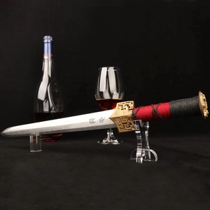 Han sword style dagger with Damascus steel pattern and transparent acrylic display stand