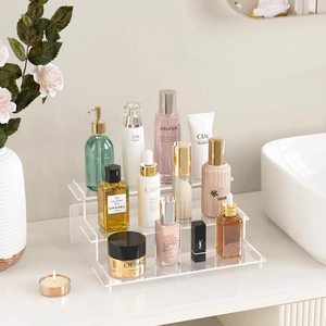 3-tier clear acrylic tiered display stand for perfume storage and cupcake organization