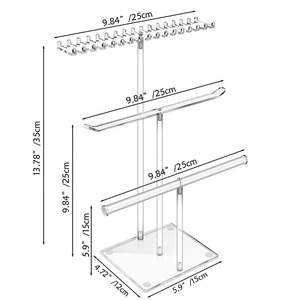 Three-tier transparent acrylic jewelry stand with T-bar design and precise dimensions
