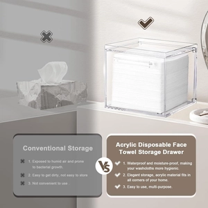Clear acrylic face towel dispenser compared to traditional cardboard packaging