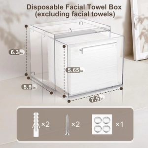 Clear acrylic disposable facial towel dispenser box with dimensions and mounting hardware
