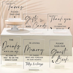 Set of 6 clear acrylic wedding table signs with rustic stands for reception decor