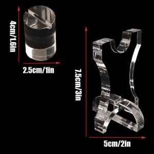 Macro view of clear acrylic knife display stand with height and width dimensions