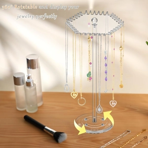 360-degree rotatable acrylic necklace holder with multi-hook hanger and clear display base