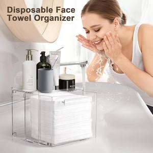 Acrylic facial towel organizer with dustproof drawer shown in a modern bathroom setting