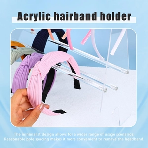 Detail view of double-layer acrylic headband organizer rack with colorful hairbands