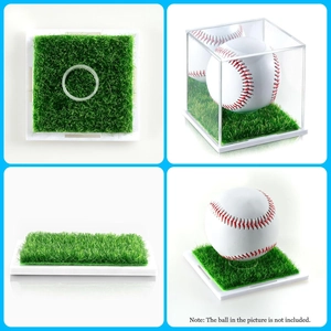 Detail of square baseball display base with artificial green turf and clear acrylic ring