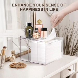 Detailed close-up of acrylic storage box with paper dispenser and perfume vanity top