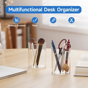 Set of two clear acrylic desk organizers for pens, makeup brushes, and office stationery