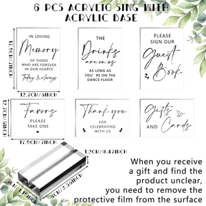6-piece set of clear acrylic wedding reception signs with rustic bases for table decor