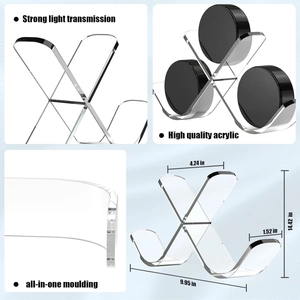 Detailed dimensions of the triple acrylic hockey puck display stand with X-frame design