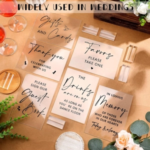Set of 6 clear acrylic wedding reception table signs featuring rustic wooden base decor