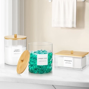 Ensemble de boîtes à linge en acrylique avec couvercles en bambou et étiquettes