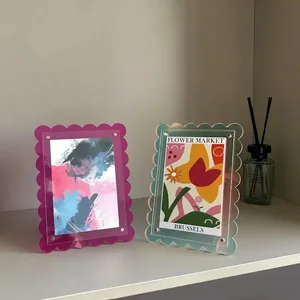 Modern Acrylic Scalloped Edge Desktop Photo Frame Iridescent Wave Border Stand Picture Display Frame For Home Office