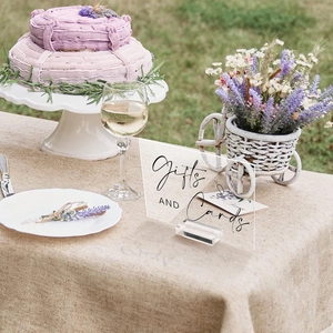 Set of 6 clear acrylic wedding table signs with rustic base for gifts and cards