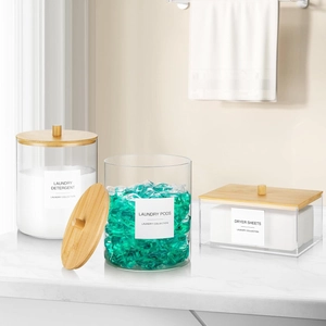 Set de distributeurs en acrylique avec couvercles en bambou pour lessive et lingettes