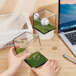 Clear acrylic golf ball display case with a green turf base and transparent support holder