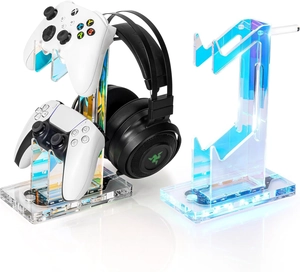 Luminous acrylic 3-tier stand for dual game controllers and headset with LED light base