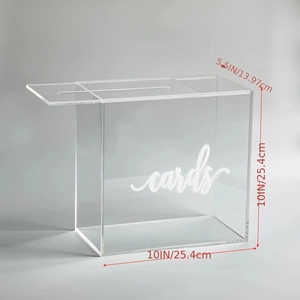 Detail showing the sliding lid and top slot of the clear acrylic cards storage box