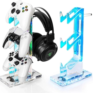 Close-up of a 3-tier iridescent acrylic game controller stand and headset holder